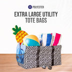 Extra Large Utility Tote Bag - Oversized Collapsible Reusable Wire Frame Rectangular Canvas Basket With Two Exterior Pockets For Beach, Pool, Laundry, Car Trunk, Storage - Geometrc Black