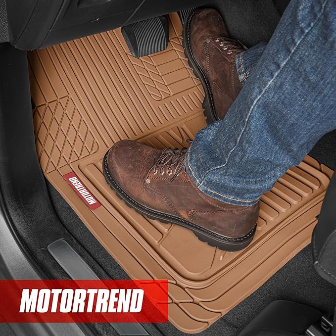 Motor Trend FlexTough™ Advanced Beige Rubber Car Floor Mats – Heavy Duty Trim to Fit All Weather Floor Mats for Cars Truck SUV - Automotive Car Interior Floor Liner Protection - Universal Fit