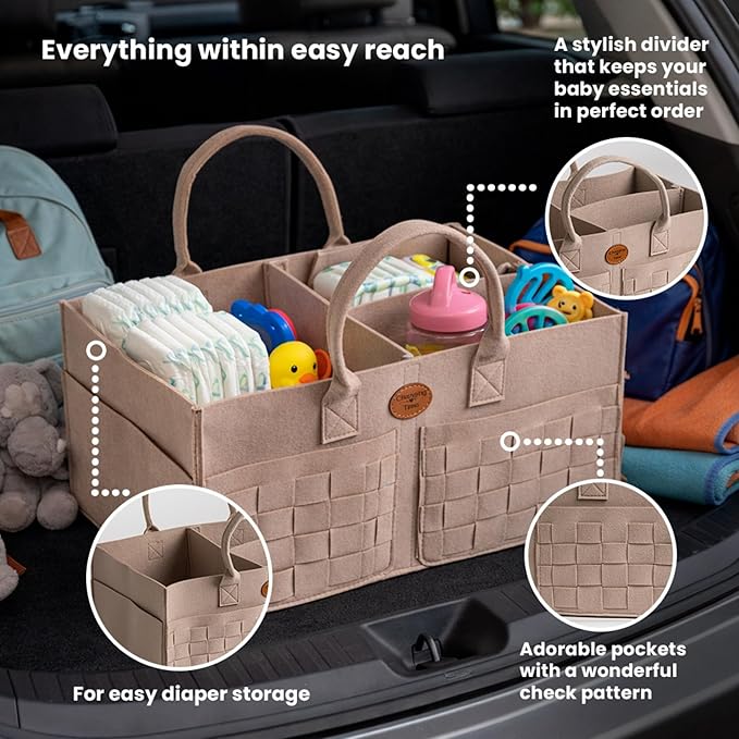 Baby Diaper Caddy Organizer for Nursery – Large Felt Storage Basket for Baby Essentials, Wipes & Diapers – Portable Nursery O