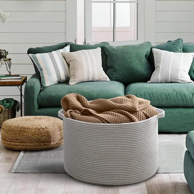 MEGASKET Extra Large Grey Storage Basket, 22" X 22" X 14" XXXL Blanket Basket for Living Room, Gray Wicker Woven Cotton Rope 