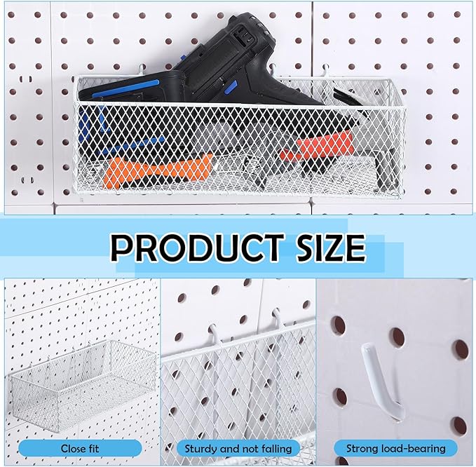 Hicarer 8 Pack Pegboard Baskets and Peg Board Racks Set, Pegboard Hooks, Square Style Wire Shelf Baskets, for Organize Tools,