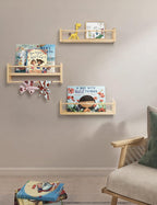 Maxpeuvon Nursery Floating Shelves for Wall, Set of 3 Book Shelves Natural Wood Wall Mounted Organizer with Towel Bar Hanging