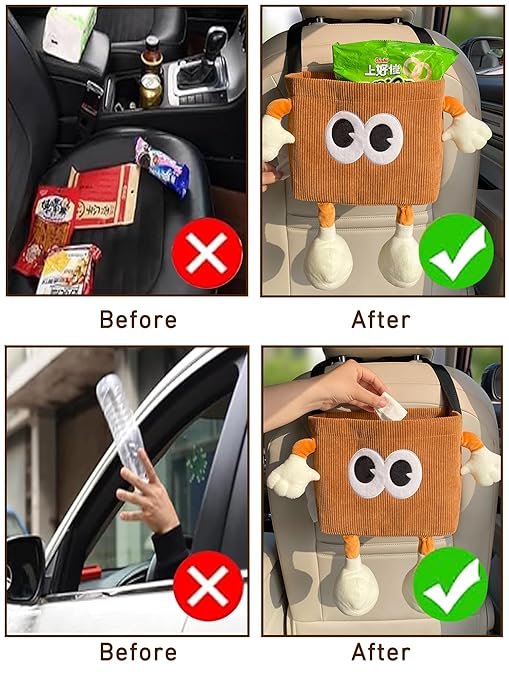 Car Cute 2 in 1 Trash Can with Tissue Holder Box Seat Back Bag Hanging over the Seat Organizer Plush Cartoon Animal Storage Garbage,Brown