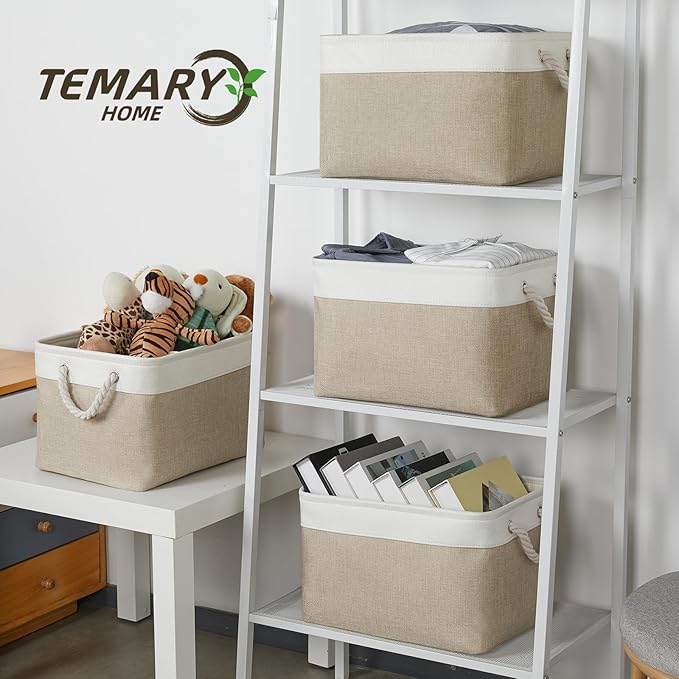Temary Fabric Storage Baskets 4Pack Storage Bins Decorative Basket for Gift, Clothes Bin with Rope Handle, Rectangle Baskets 