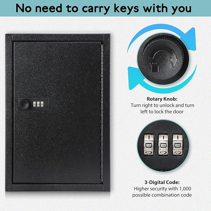 KYODOLED Locking Key Cabinet, 40 Key Storage Lock Box with Code, Key Box Wall Mount with Combination Lock, Key Hooks & Tags L
