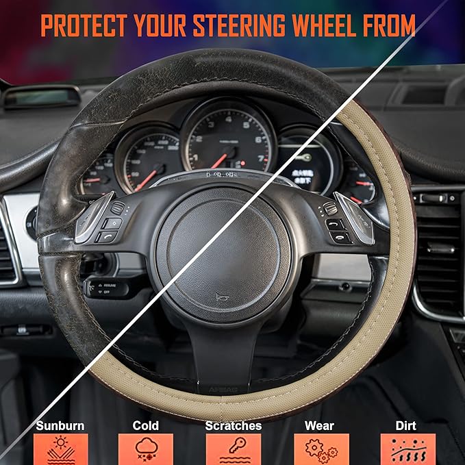 CAR PASS Wood Grain 14.5-15 inch Microfiber Leather Steering Wheel Cover, Anti-Slip Veins Design Steering Wheel Universal Fit