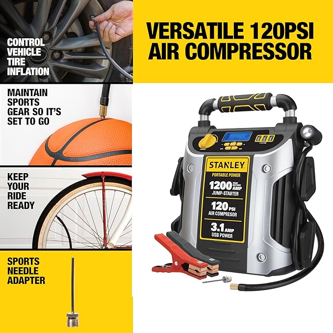 Stanley J5C09D 1200 Peak Amp Automotive Jump Starter, Portable Power - 2.1A/10W USB Port, 120 PSI Air Compressor