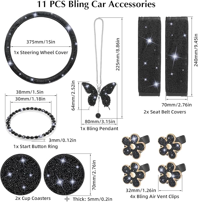 ARTILAURA 11 PCS Bling Car Accessories Set for Women Steering Wheel Covers Butterfly Hanging Seat Belt Cover Air Vent Clips Coasters Cute Glitter Diamond AUTO Accessories Kit (Black)