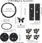 ARTILAURA 11 PCS Bling Car Accessories Set for Women Steering Wheel Covers Butterfly Hanging Seat Belt Cover Air Vent Clips Coasters Cute Glitter Diamond AUTO Accessories Kit (Black)
