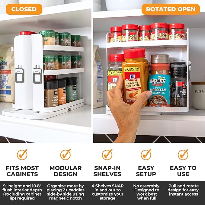 Cabinet Caddy SNAP! Spice Rack Organizer for Cabinet - Slide & Rotate Seasoning Organizer - 4 Snap-In Adjustable Shelves for 