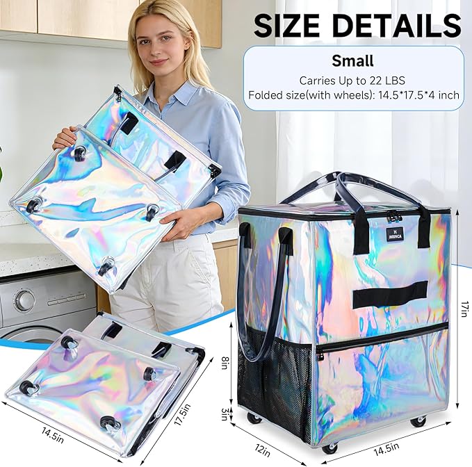 Reusable Grocery Bag On Wheels, Foldable Shopping Trolley with Enhanced Stability Wheels, Water Resistant, 6 Pockets & 3-Way Carry for Outdoor, Camping, Small, Gradient Silver