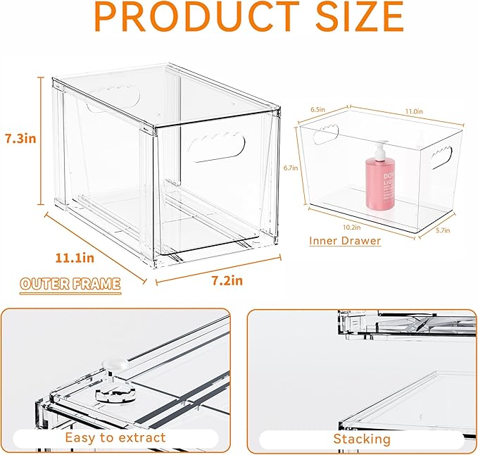Yieach 2 Pack Baby Bottle Organizer for Countertop,Large Stackable Storage Bins Under The Sink,Acrylic Drawer Organizer and B