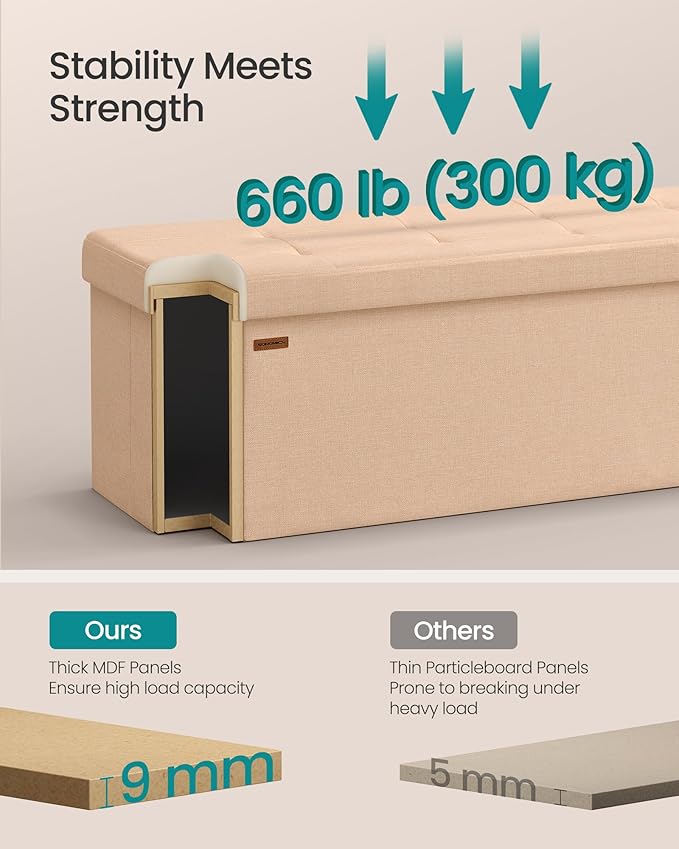 SONGMICS Mazie Collection - Storage Ottoman Bench, 43 Inches Folding Foot Rest Stool, End of Bed Bench, Easy Assembly, for Li