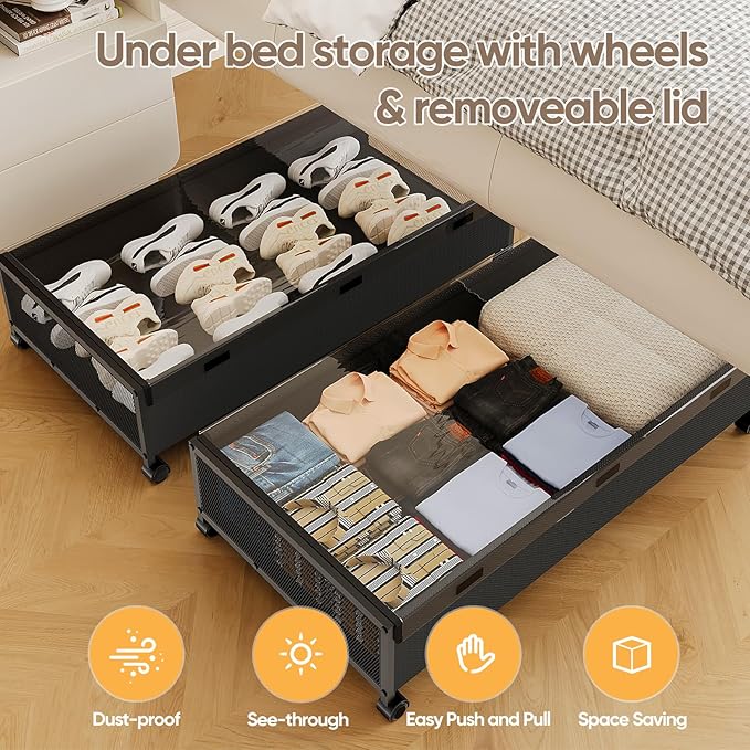 Under Bed Storage Containers with Wheels, 80L Extra-large Underbed Shoe Storage Organizer 2 Pack with Removable Lids, Large R