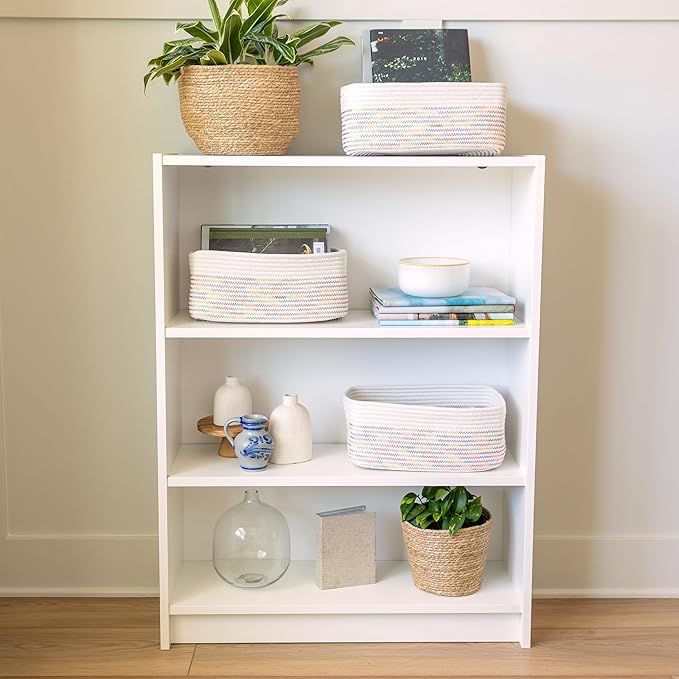 NaturalCozy 13.5”x8.5”x5.5” Rectangle Storage Baskets for Shelves 3 Pack | Cotton Rope Woven Small Baskets for Organizing | S