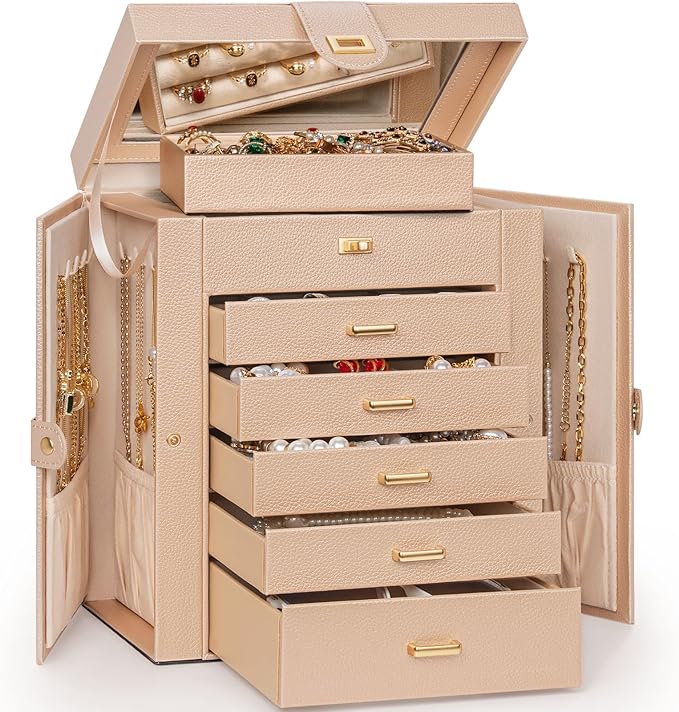 AKOZLIN 6-Tier Jewelry Box Organizer Functional 5 Drawers Leather Jewelry Storage Case for Women Girls Ring Necklace Earring 