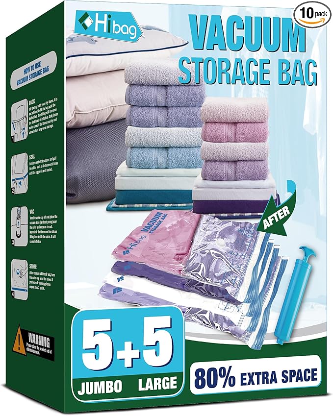 HIBAG Vacuum Storage Bags, 10 Space Saver Bags, Polyethylene (PE), Jumbo & Large Sizes, Zipper Closure, Vacuum Sealed, Ideal 