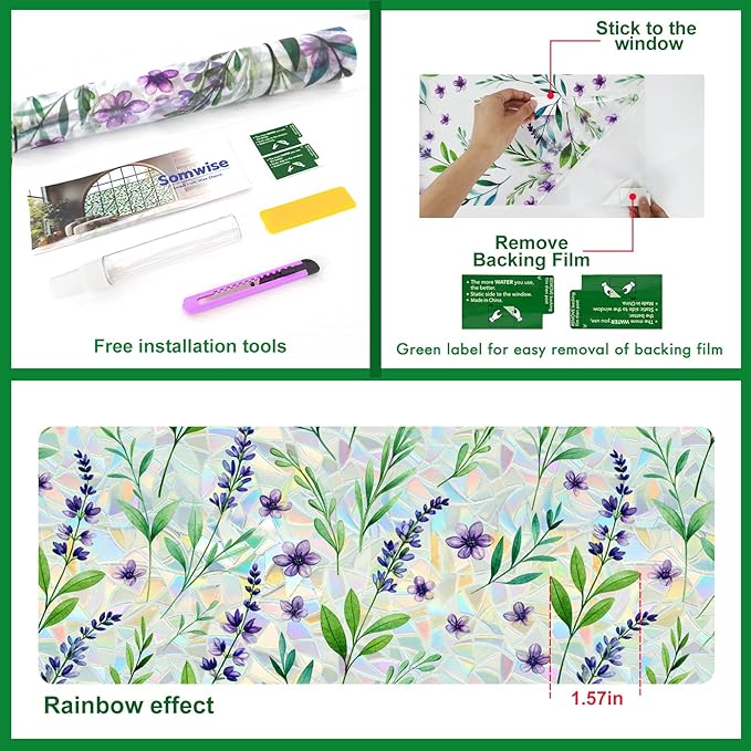 SOMWISE Rainbow Window Privacy Film,Heat Control,UV Blocking,Anti-Glare,Day & Night Privacy Protection & Decoration for Home, Bathroom,Glass Door,Static Cling,Renter-Friendly with Installation Tools