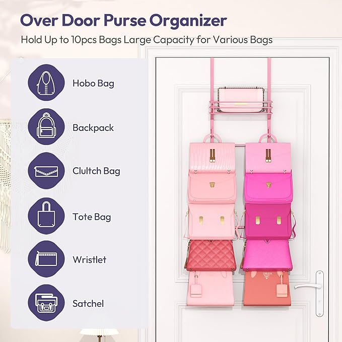 SWTYMIKI Over The Door Purse Organizer - Wall Mounted Handbag Organizer with 10 Hooks and Metal Basket, Hanging Purse Storage