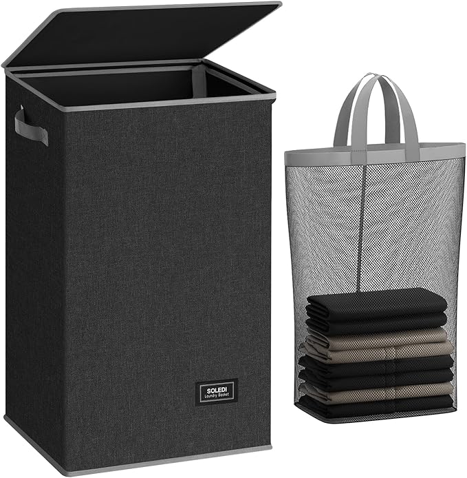 SOLEDI Laundry Hamper with Lid 90L Large & Tall Collapsible Laundry Basket, Clothes Hamper with Bag Removable Easy to Carry, 