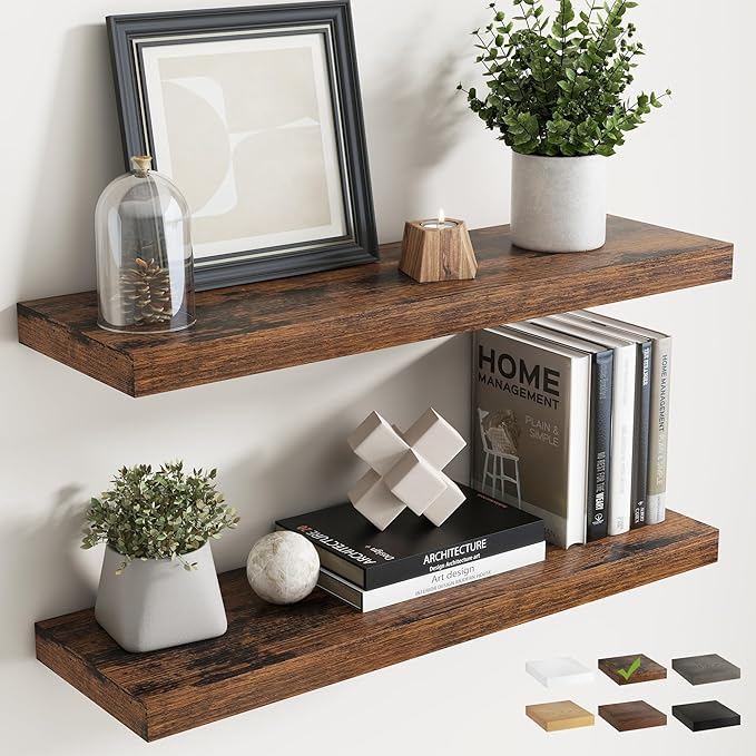 30 Inch Floating Shelves for Wall Set of 2, 8"D Wood Grain Bathroom Shelves with Invisible Brackets, Easy Install Engineered 