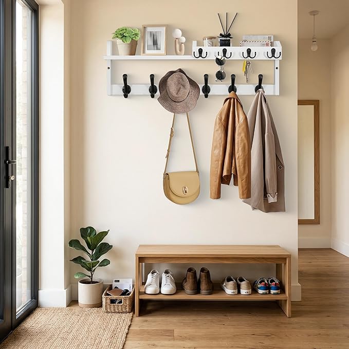 Coat Rack Wall Mount with Shelf, 27.5" Entryway Wall Hanging Shelf, Coat and Key Hanger with 10 Dual Hooks, Mail Organizer an