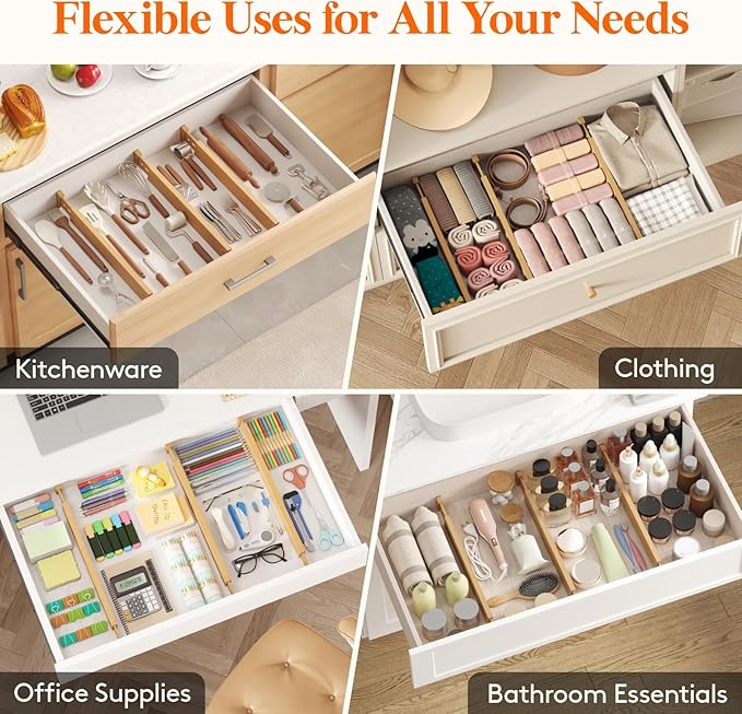 Lifewit 2.4" High 8 Pack Bamboo Drawer Dividers 45-55cm/17.5-22" Adjustable Wooden Drawer Organizer for Clothes/Utensils, Exp