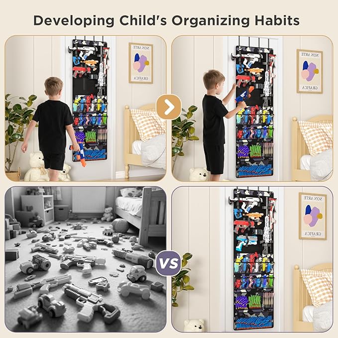 Over the Door Organizer for Toy Guns, Hanging Toy Guns Storage Organizer with Pockets and Slots for Kids Foam Blasters, Darts