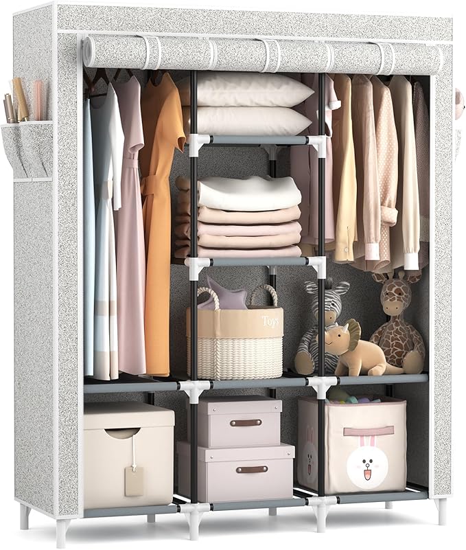 VTRIN Portable Closet Wardrobe for Hanging Clothes with 2 Hanging Rods and 8 Storage Organizer Shelves,Free Standing Clothes 