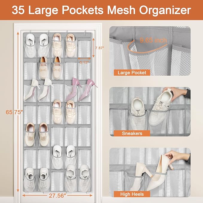 FENTEC 35 Large Pockets Over The Door Shoe Organizer, Mesh Hanging Shoe Organizer Shoe Rack for Closet Mesh Closet Shoe Holde