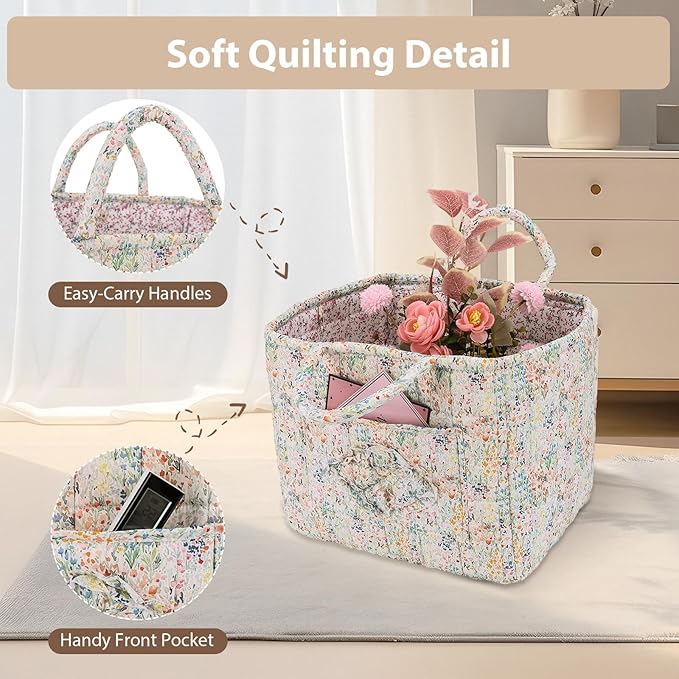 Storage Basket Boho Fabric Large Collapsible Floral Laundry Nursery Hamper Portable Folding Storage for Clothes Toys (Blue Fl