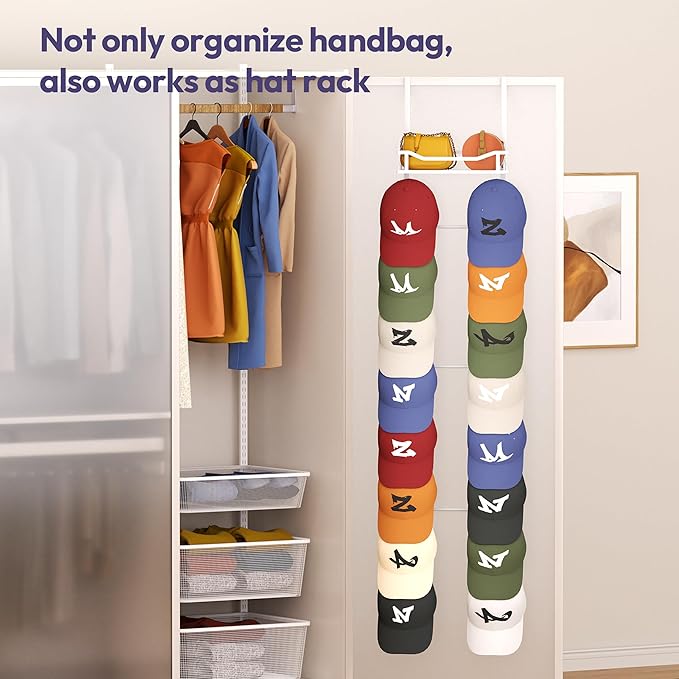 SWTYMIKI Over The Door Purse Organizer - Wall Mounted Purse Rack with 16 Hooks and Metal Basket, Handbag Hanger Organizer Hol