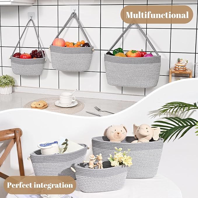 Hanging Storage Baskets, Over the Door Basket, Cotton Wall Baskets Storage, Hanging Door Basket with 4 Hooks