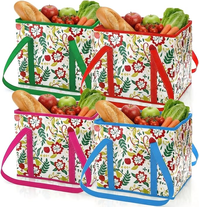 4 Pack Reusable Grocery Bags, Large Heavy-Duty Shopping Tote with Box Shape, Foldable Car Organizer Trunk Bin with Reinforced Handles Hard Bottom for Picnic, Toy, Cloth, Hold up to 50 Lbs
