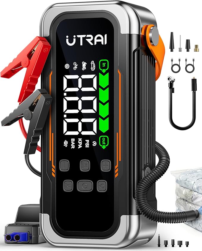 UTRAI Jump Starter with Air Compressor, 6000A Peak Battery Jumper Starter Portable (All Gas & 10.0L Diesel) with