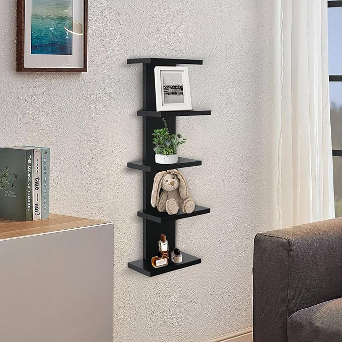 5 Tier Wall Shelf Unit-Black Floating Shelves for Home Decor, Modern Unique Asymmetric Design for Bedroom & Living Room Stora
