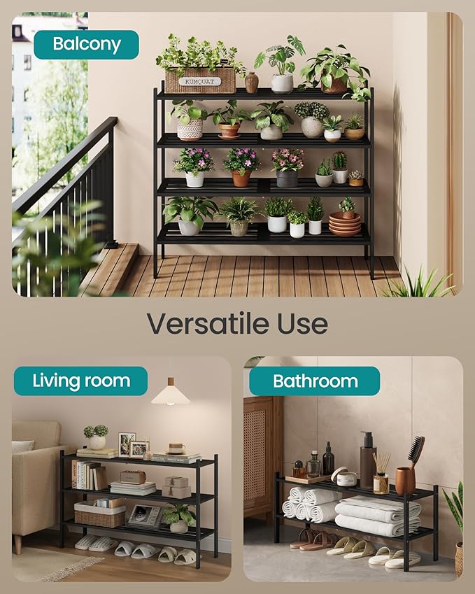 SONGMICS Bamboo Shoe Rack for Closet, Stackable Shoe Oragnizer with Modular Structure, Space-Saving Free Standing Shelf for E