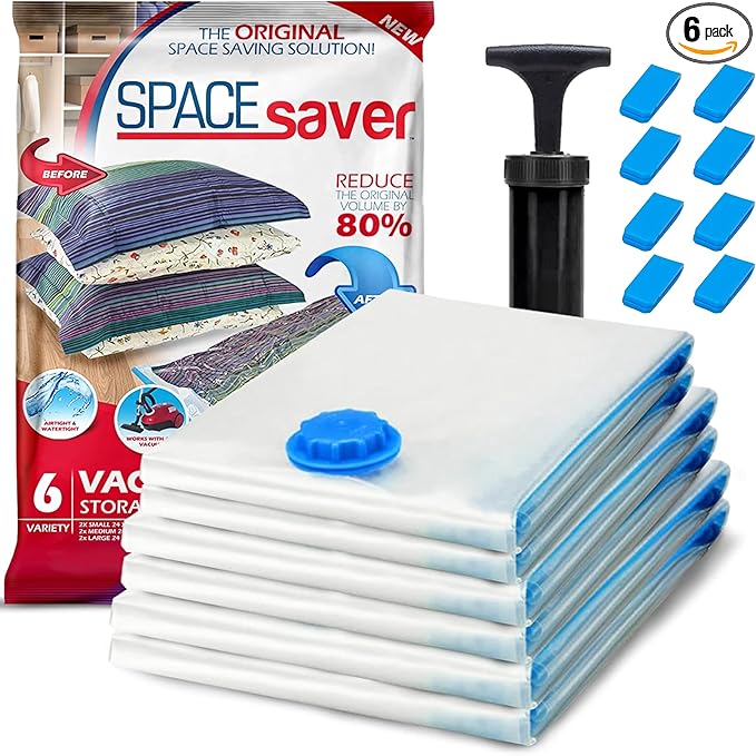 6 Pack Variety Vacuum Storage Bags for Comforters, Blankets & Clothes – Vacuum Sealed Compression Bags with Hand Pump – Space
