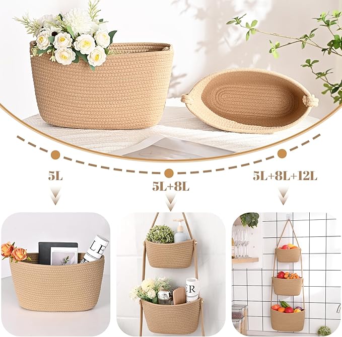 Hanging Storage Baskets, Over the Door Basket, Cotton Wall Baskets Storage, Hanging Door Basket with 4 Hooks