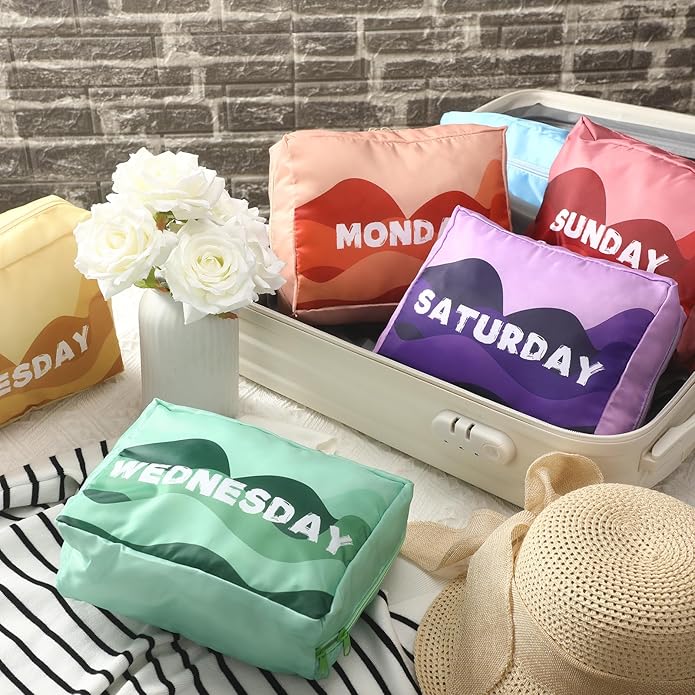 Paterr 7 Pcs Days of Week Packing Cubes Travel Cubes for Kids Colorful Luggage Organizers for Lightweight Packing Suitcase Ba