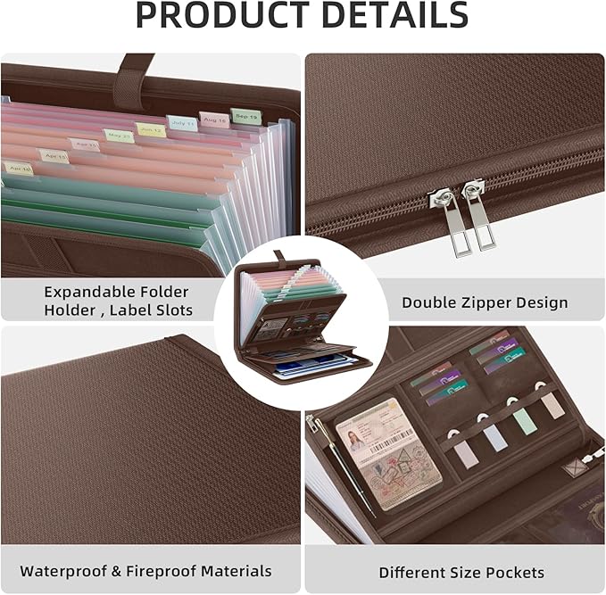 Fireproof Accordion File Organizer, Portable Expanding File Folder with Waterproof Zipper&Labels, Brown Document Organizer wi