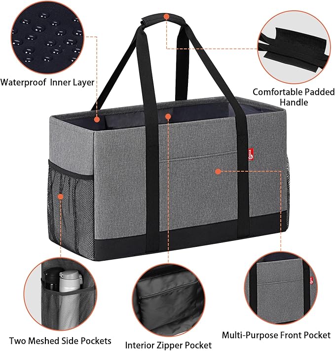 Extra Large Utility Tote Bag, Foldable Reusable Grocery Bags, Collapsible Tote with Metal Wire Frame & Reinforced Bottom Board, Stand up Large Utility Tote for Groceries, Shopping, Storage