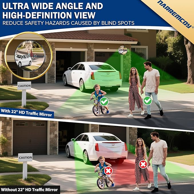 New Upgraded 22" HD Convex Mirror - 160° Adjustable Wide Angle View, Leather Frame & ABS Back, Traffic Mirror for Indoor/Outdoor Use in Garage, Warehouse, Driveway, Store & Office Security