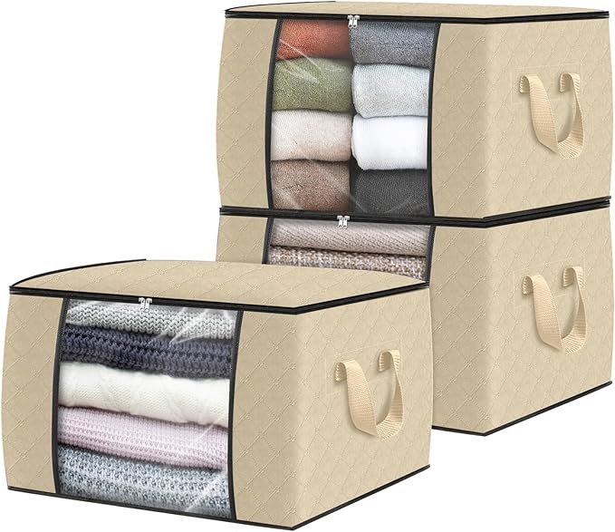 Fab totes 3 Pack Clothes Storage, Foldable Thick Fabric Blanket Storage Bags, Containers for Organizing Bedroom, Closet, Clot