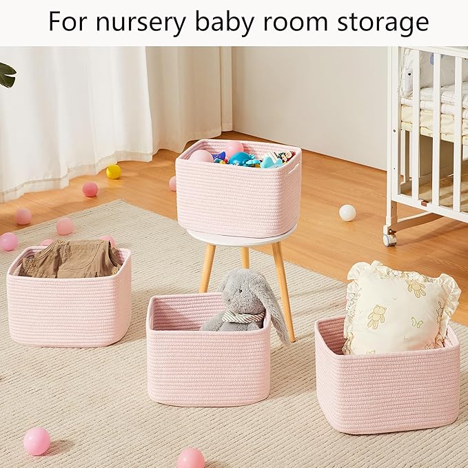 Pink Storage Bins 4 Pack Basket for Shelves Pink Rope Basket for Baby Nursery Organization 12.7"Lx9"Wx7.9"H