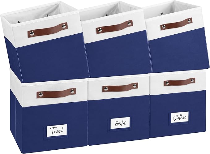 FinishingBo 6-Pack Storage Cubes with Handles & Label Holders Basket, Closet Cube Home Organizer Bins(White/Blue, 10.5 * 10.5