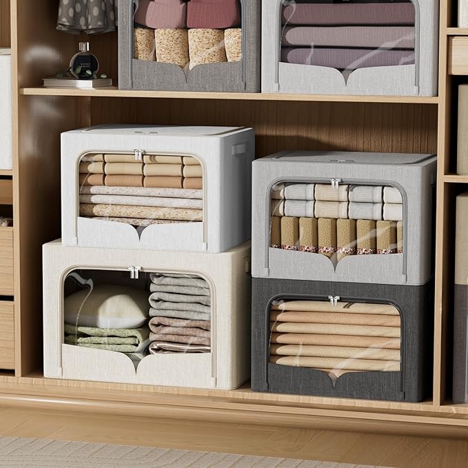 FHSQX 3 Pack Extra Large Clothes Storage Bins Foldable Metal Frame Storage Box Stackable Linen Fabric Organizer Set with Carr