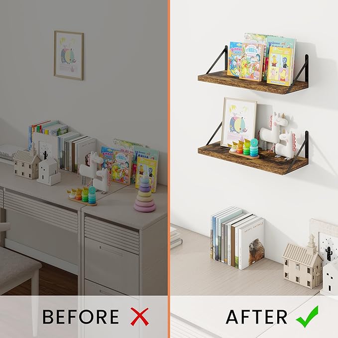 Floating Shelves, Wall Book Shelf with Brackets, 16 inch Wall Shelves Set of 3, Particle Board Wooden Shelf for Kitchen, Bath