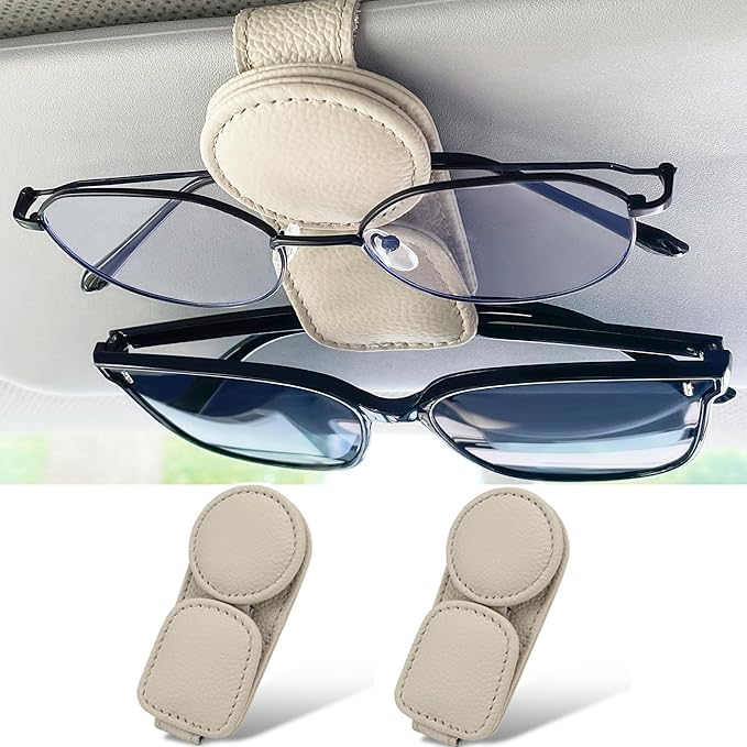 KIWEN 2 Pack Sunglasses Holder for Car Visor, Magnetic Leather Sunglass Eyeglass Hanger Clip for Car Sun Visor Accessories (2, Black)