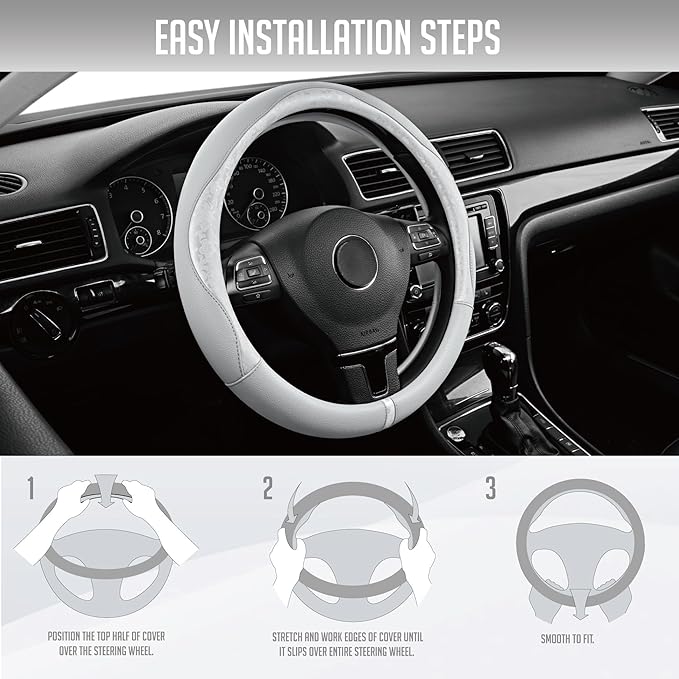 PIC AUTO Steering Wheel Cover, Silver Patterned Leather Patchwork Design, Universal Fit 14.5"–15.5", Anti-Slip, Odor-Free, So